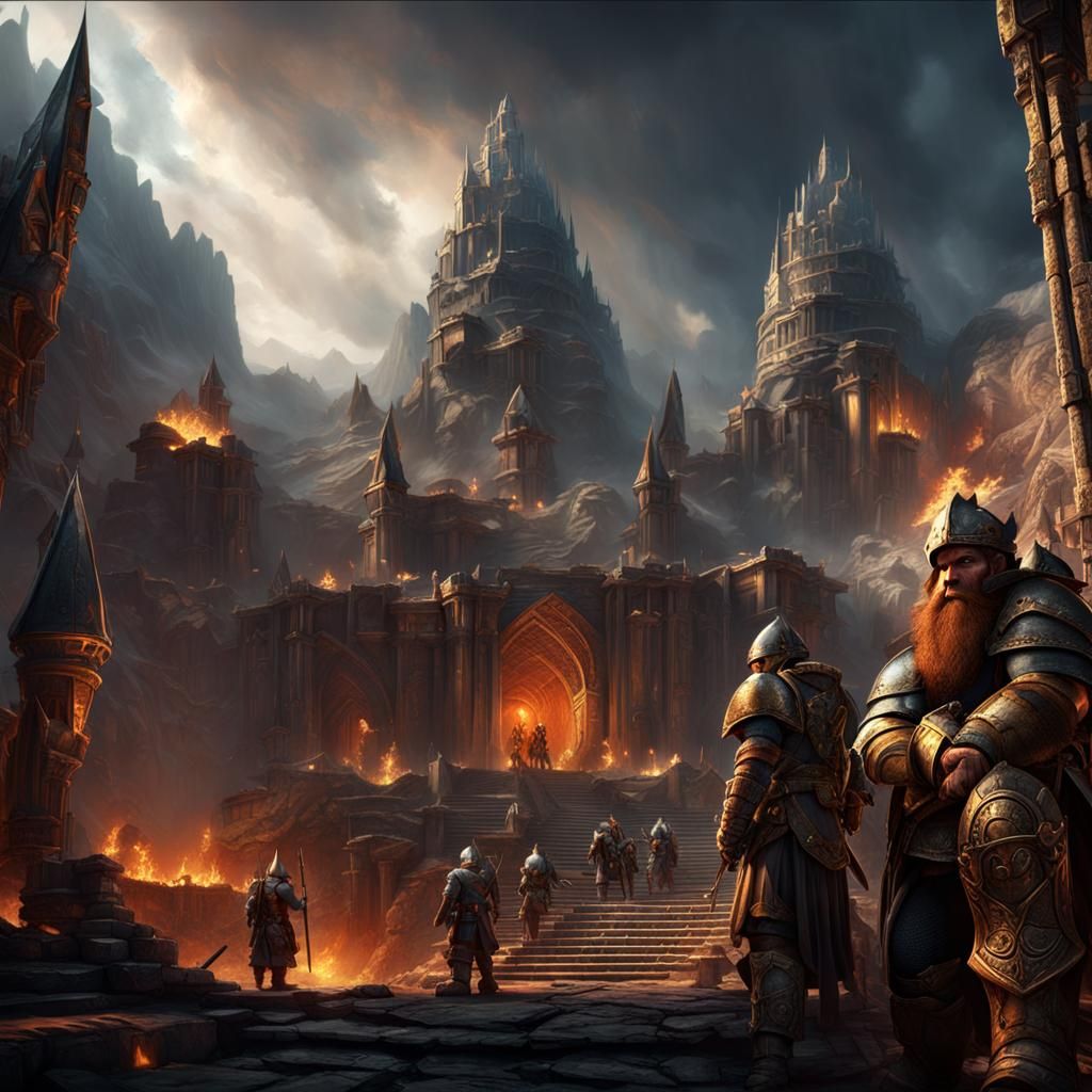 Dwarven Soldiers Gaze Upon Orc-Ruined City