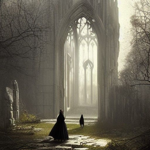 Victorian Woman Walks Dog in Sinister Gothic Ruins