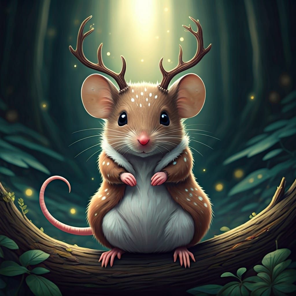 Whimsical Mouse in Deer Costume, Mystical Forest