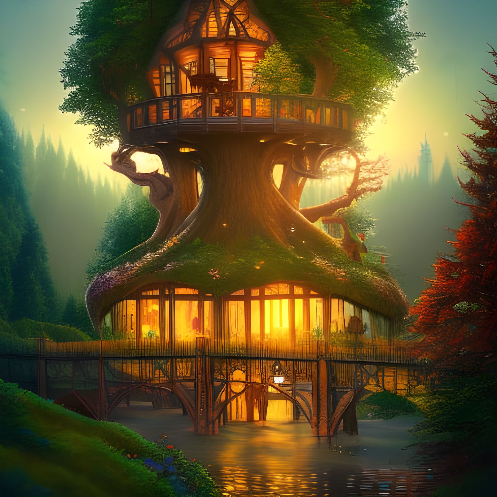 Enchanted Unicorn City in Magical Forest at Twilight