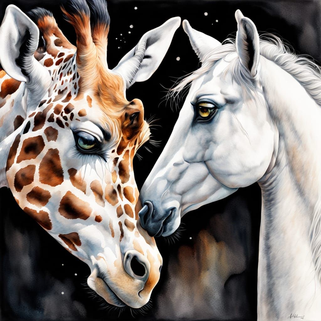 Giraffe and Stallion Lock Eyes in Vibrant Watercolor