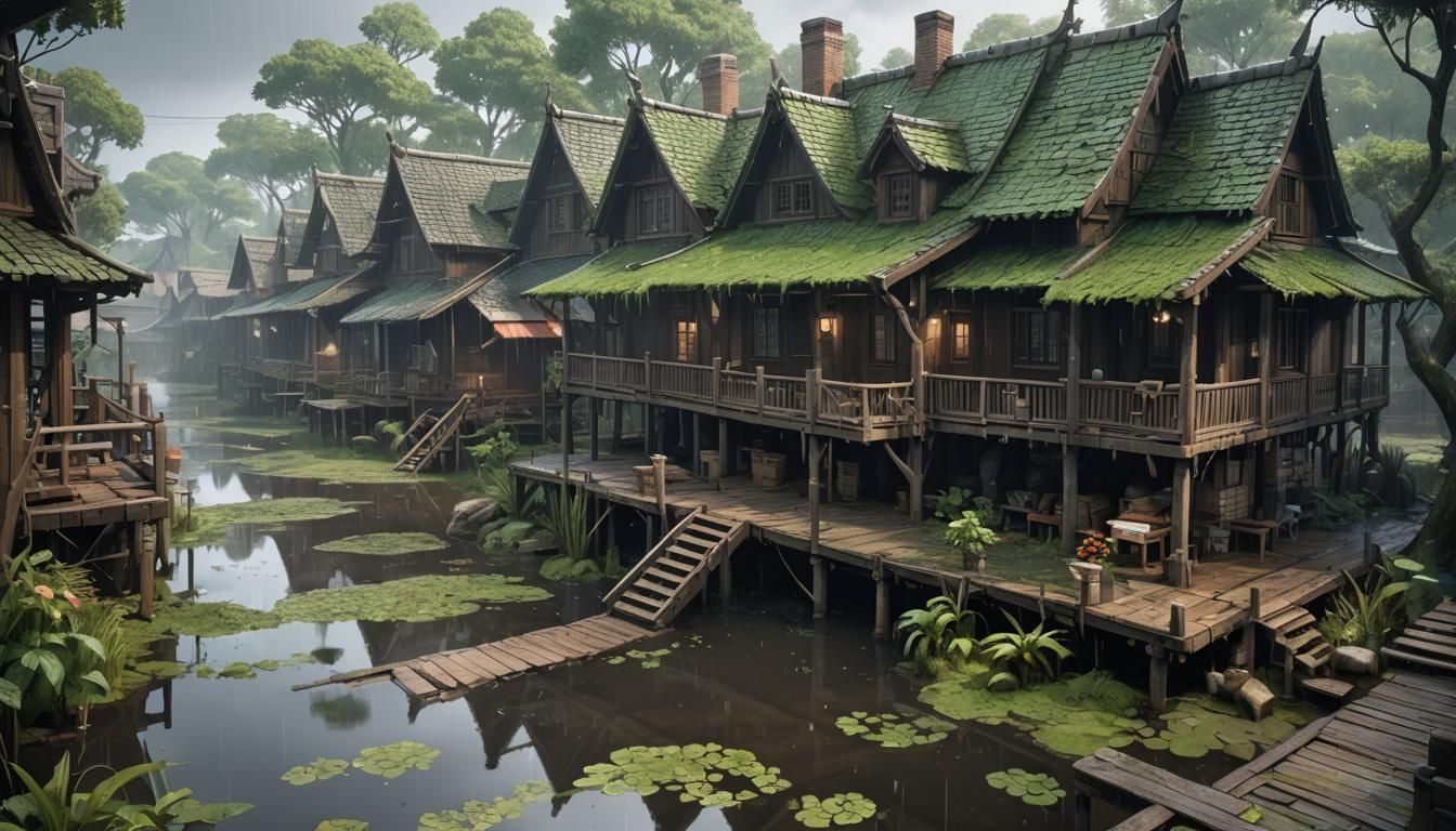 Rainy Swamp Village in 3D Anime Style
