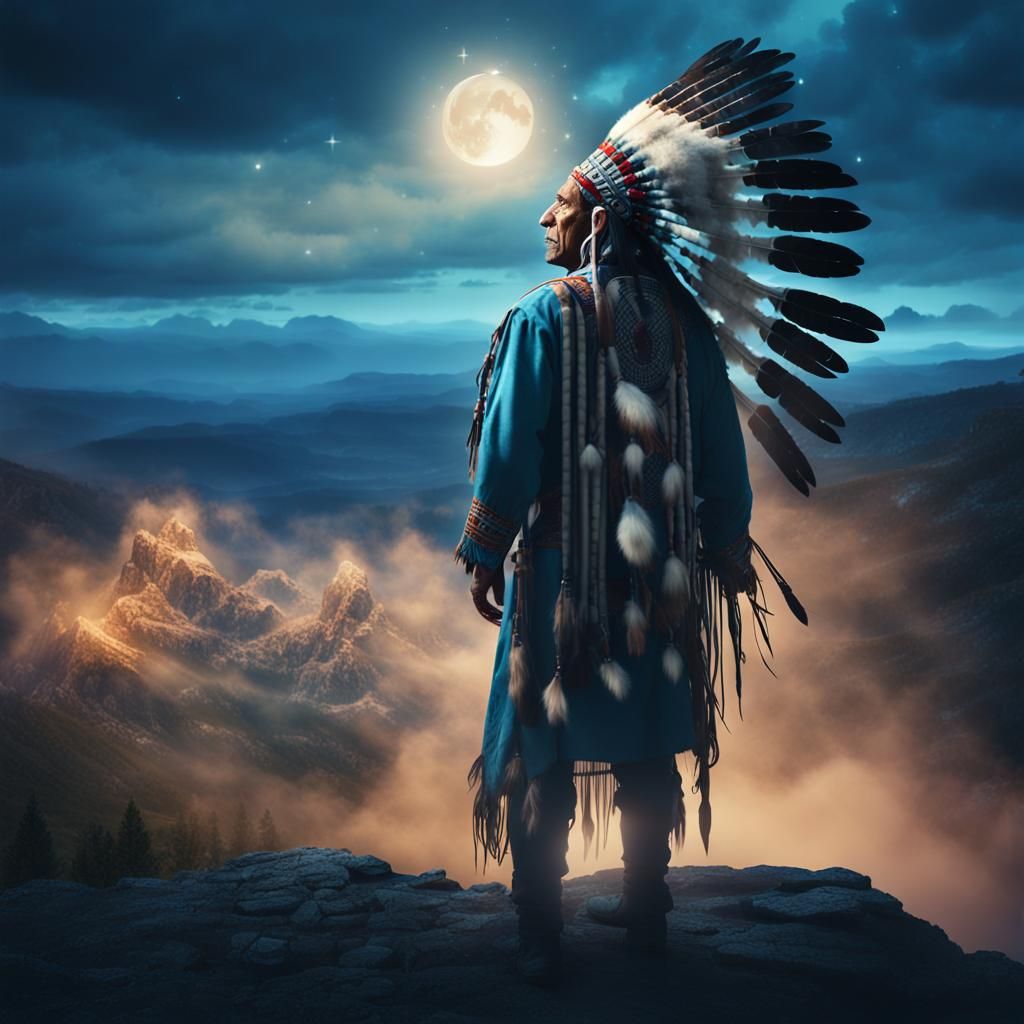 Native American Shaman Watching Spirits Rise: Magic Realism