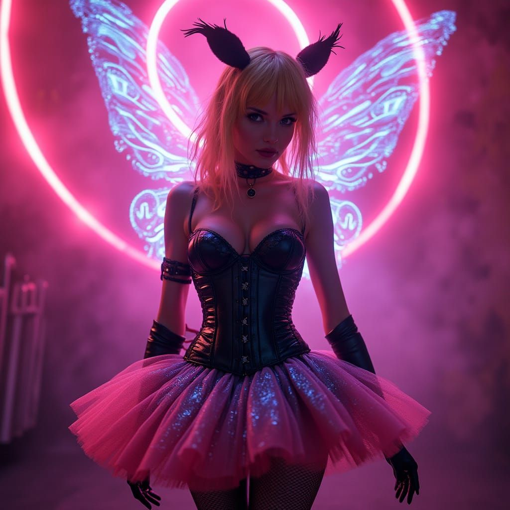 Digital Hologram Woman in Retro-Futuristic Punk Nightclub