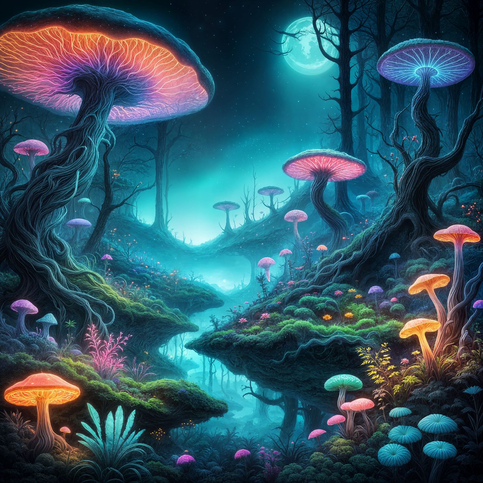 Fluorescent Fantasy Landscape in Hyperrealistic Style