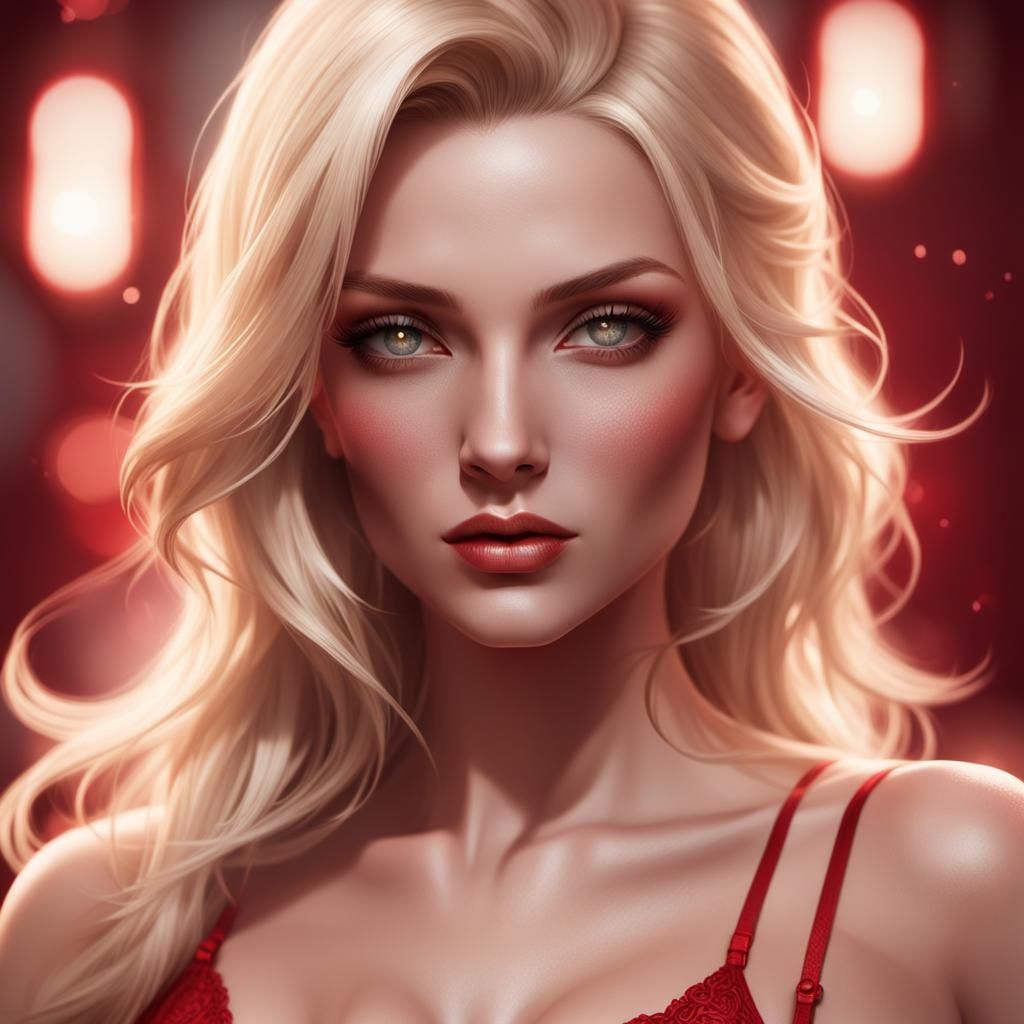 Elegant Glamour Model in Soft Red Tones