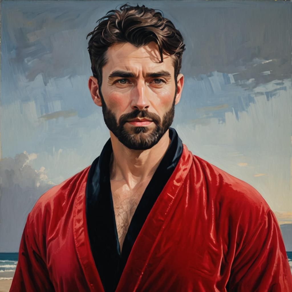 Bearded Man in Red Bathrobe, Impressionist Gouache