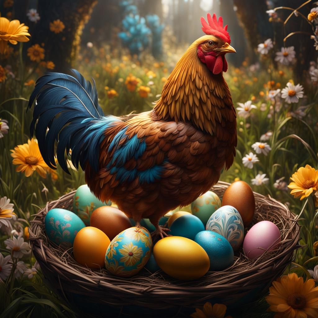 Easter Chicken and Eggs: Detailed Fantasy Art