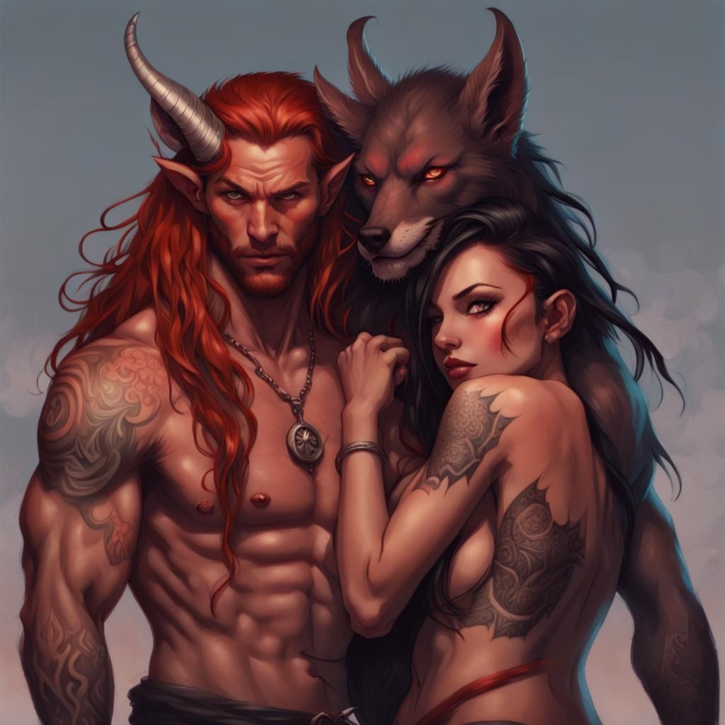 Tiefling and Assimar Portrait in Art Nouveau Style