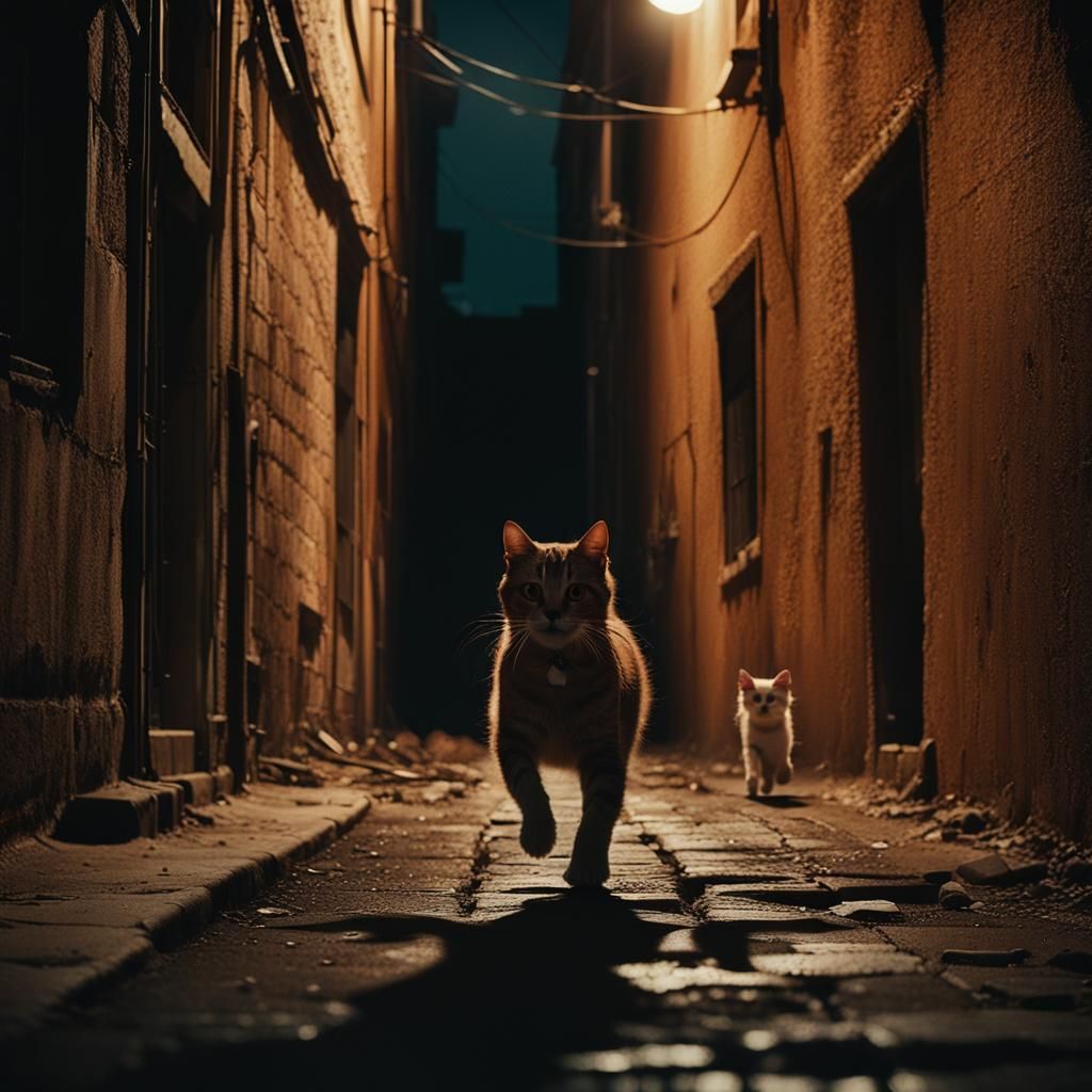 Giant Cat in Alley: Film Noir Cinematic Scene
