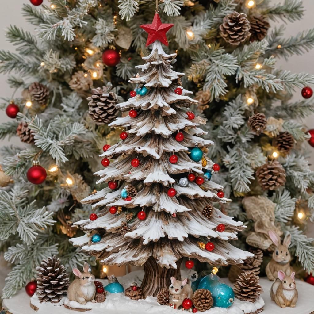 Vintage Christmas Tree with Snowy Winter Decorations