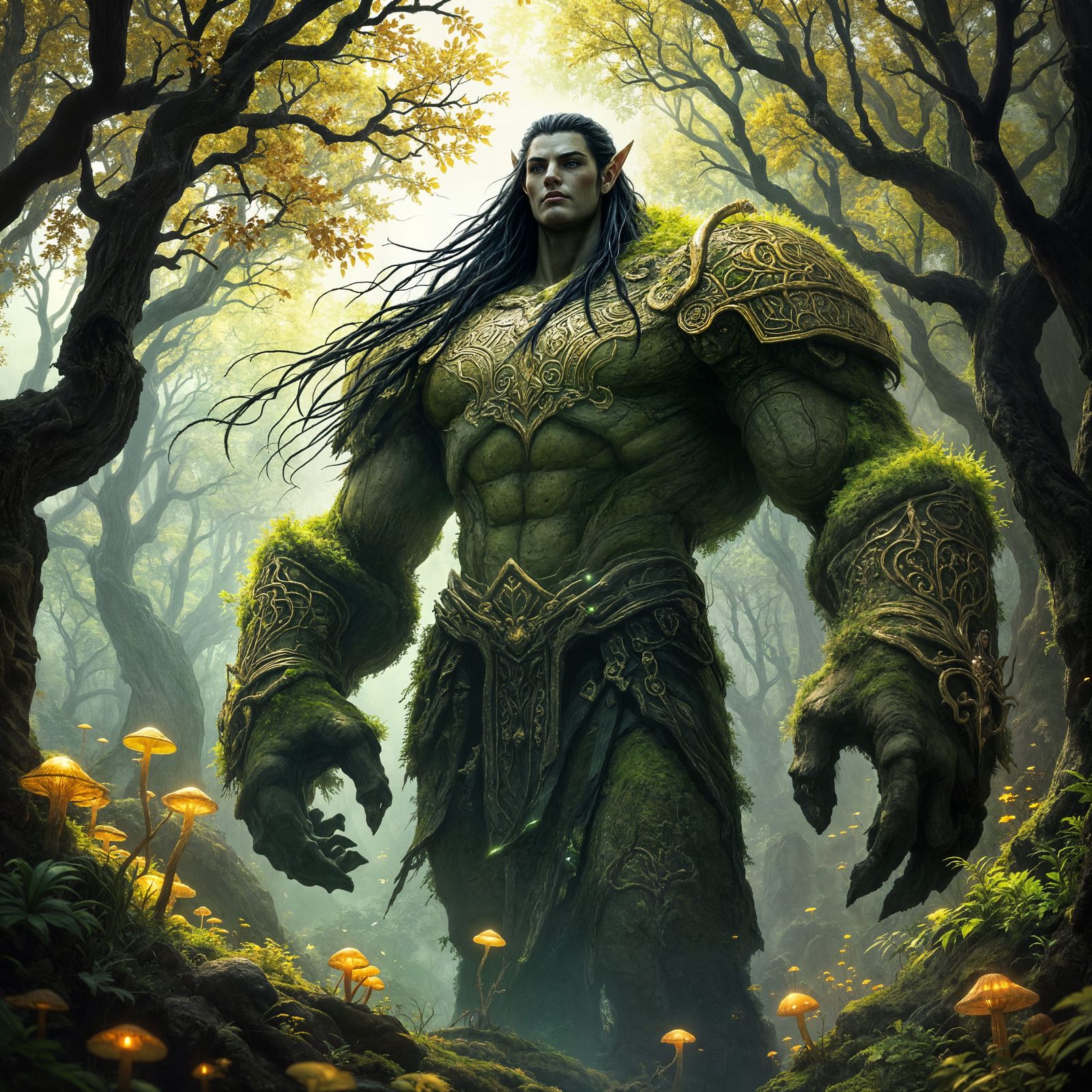 Elven Warrior Atop Stone Golem in Hyperdetailed Style