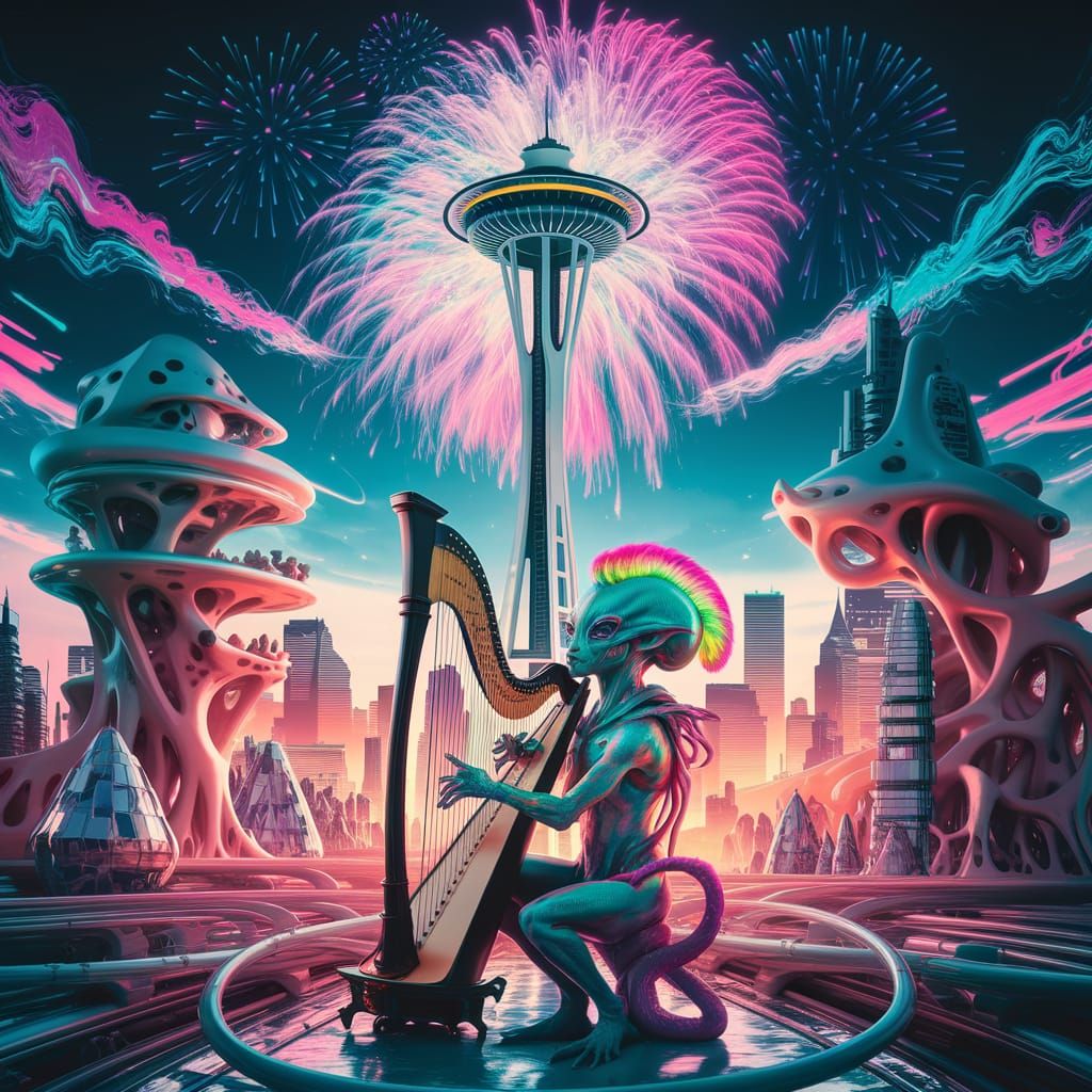Surreal Alien Cityscape with Vibrant Mohawk Harpist