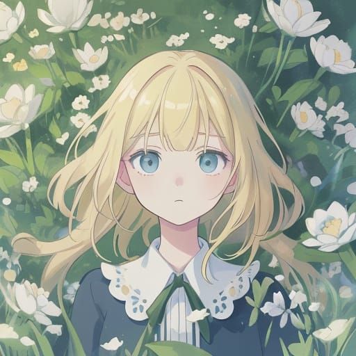 Anime Illustration of Woman in Serene Garden