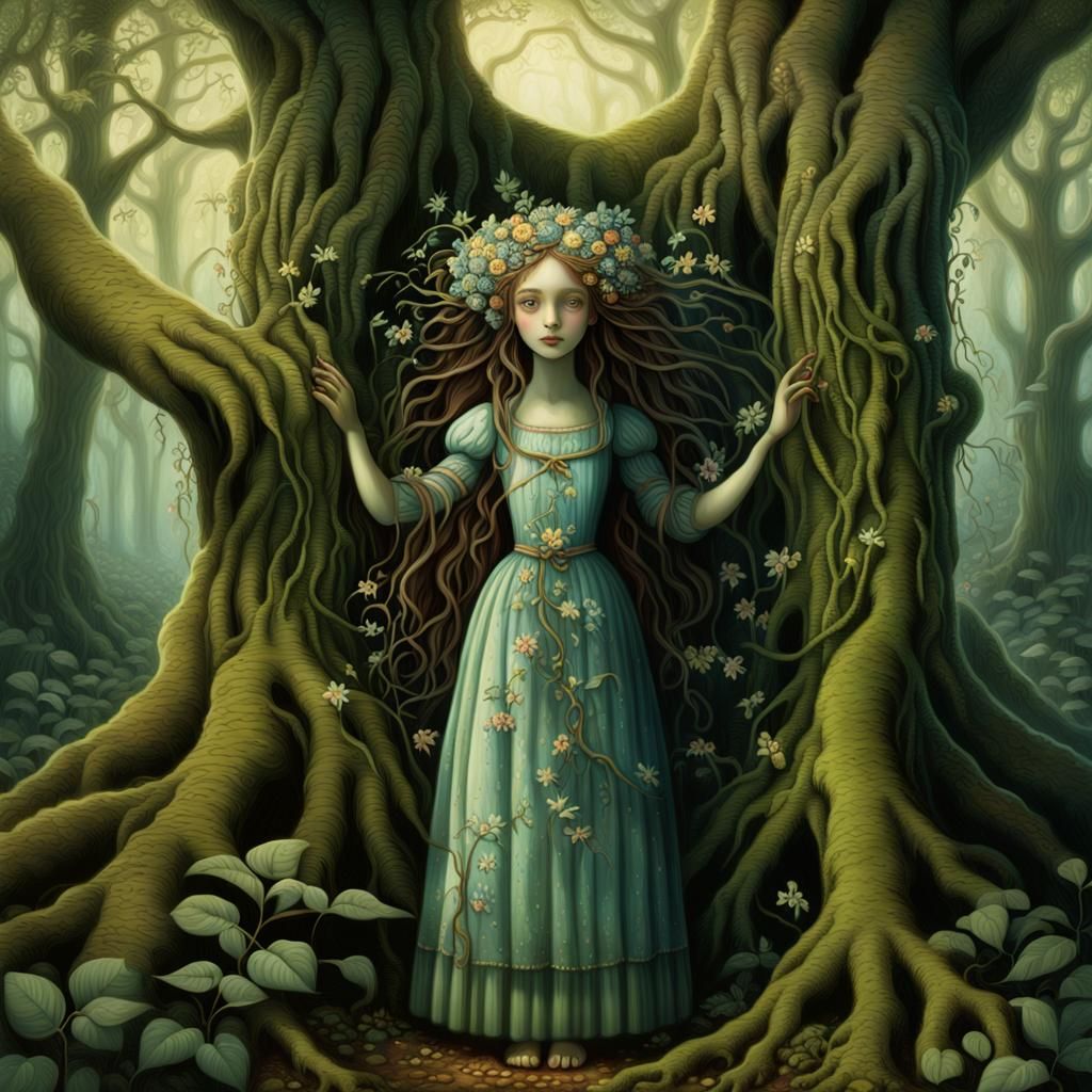 Ethereal Forest Woman in Pop Surrealism Style