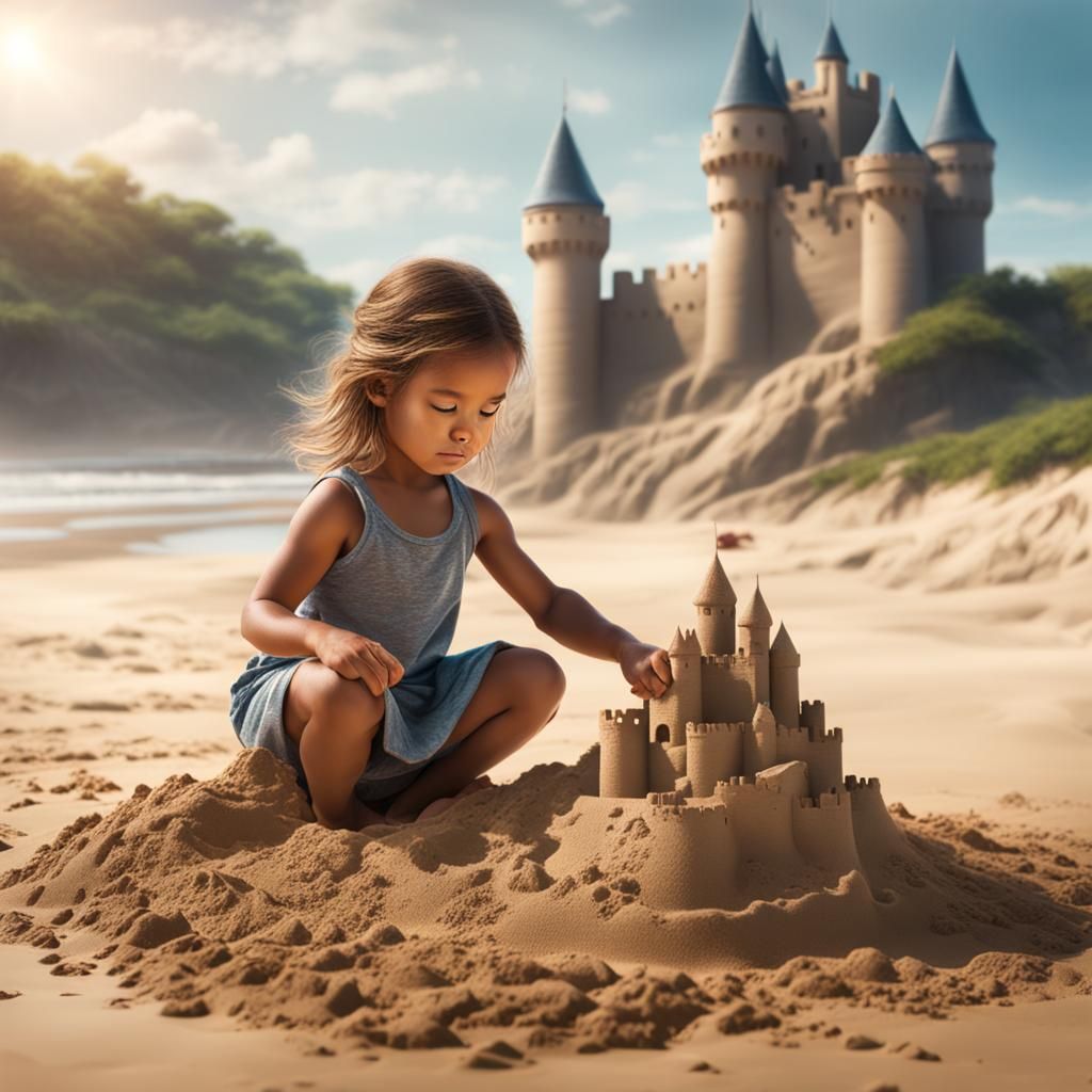 Girl Building Sandcastle on Beach: Hyperrealistic Splash Art