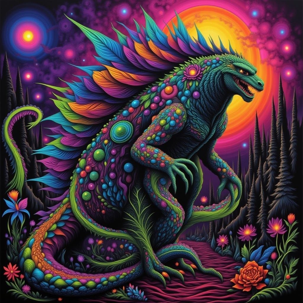 Patchwork Godzilla with Blacklight Glow