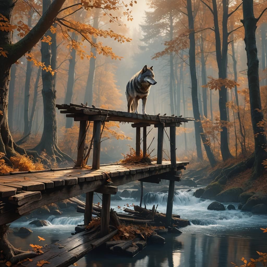 Wolf Drinking in Autumn: Matte Painting