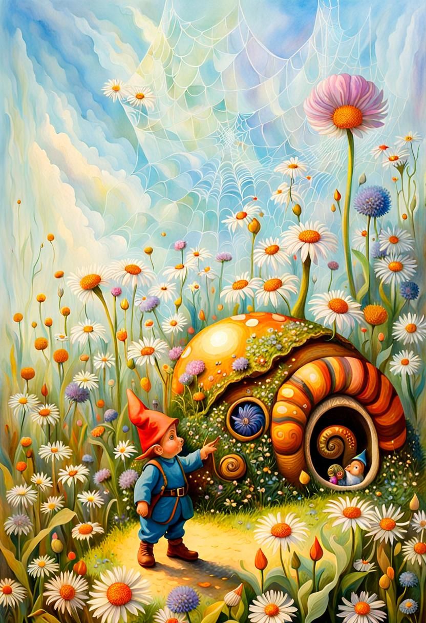 Whimsical Fairy House with Gnome, Detailed Painting