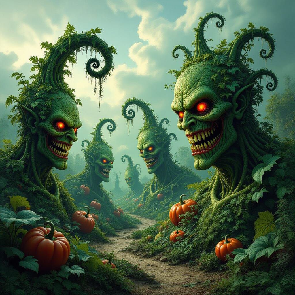 Grotesque Garden of Mutated Plants and Evil Faces