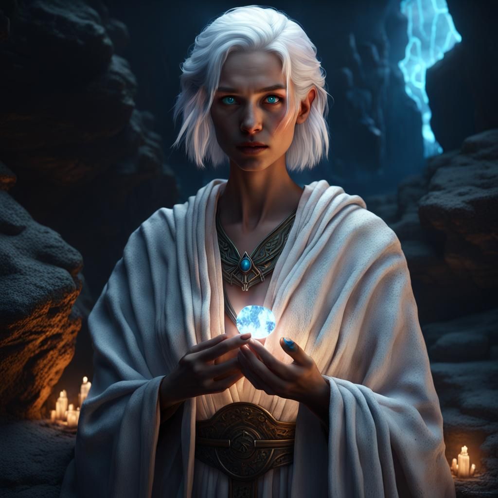 Wounded Girl with Crystal in Stone Face Cave