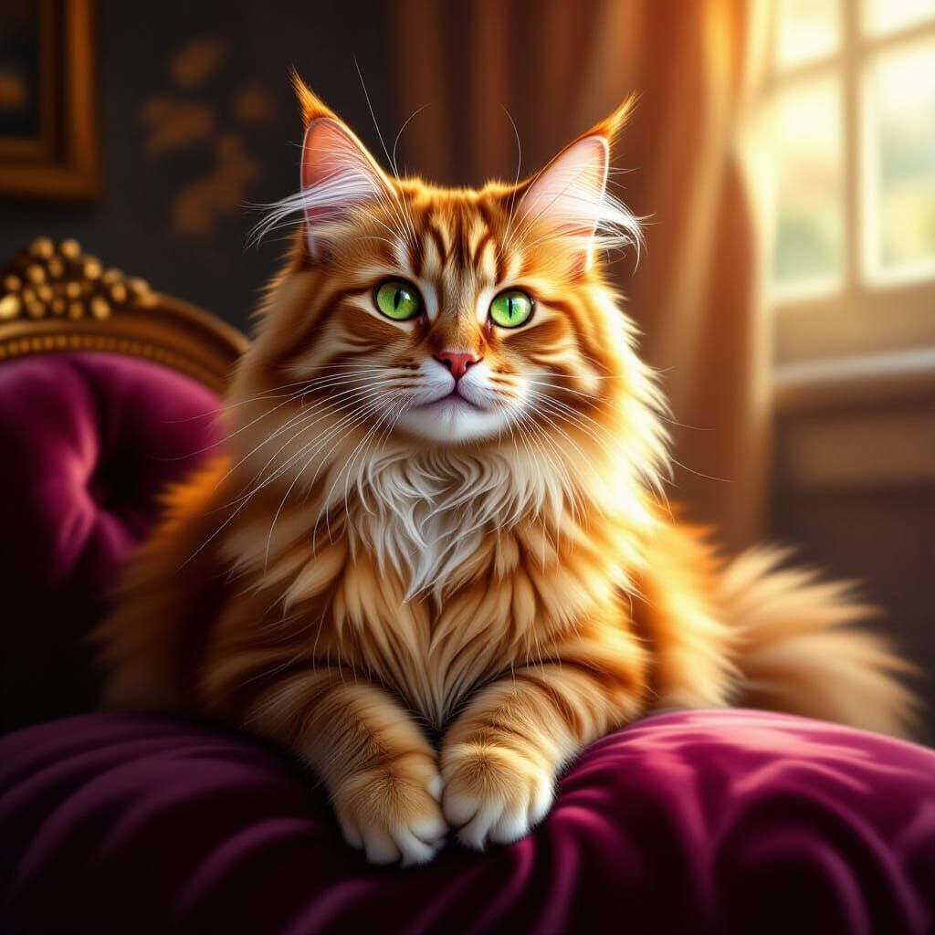 Fluffy Ginger Cat on Velvet Cushion