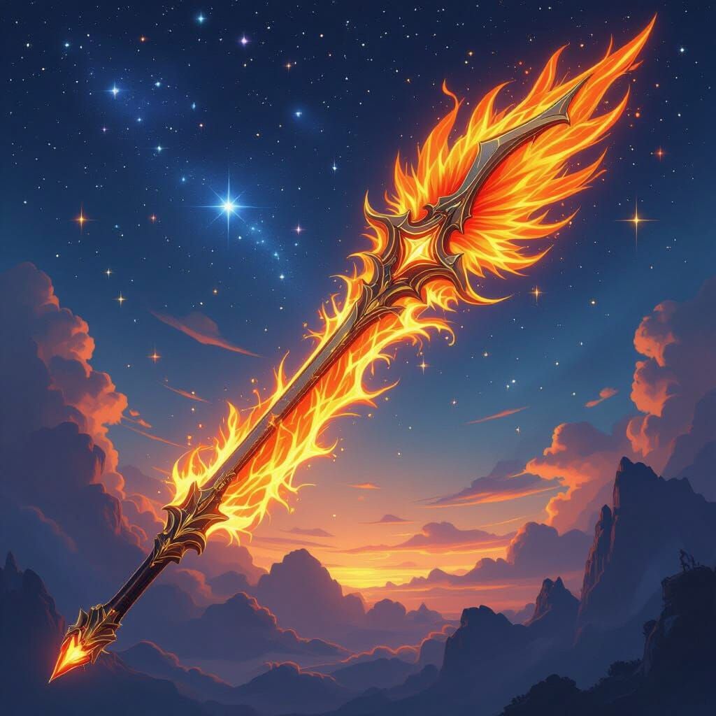 Ornate Keyblade with Fiery Phoenix Accents in High-Fantasy S...