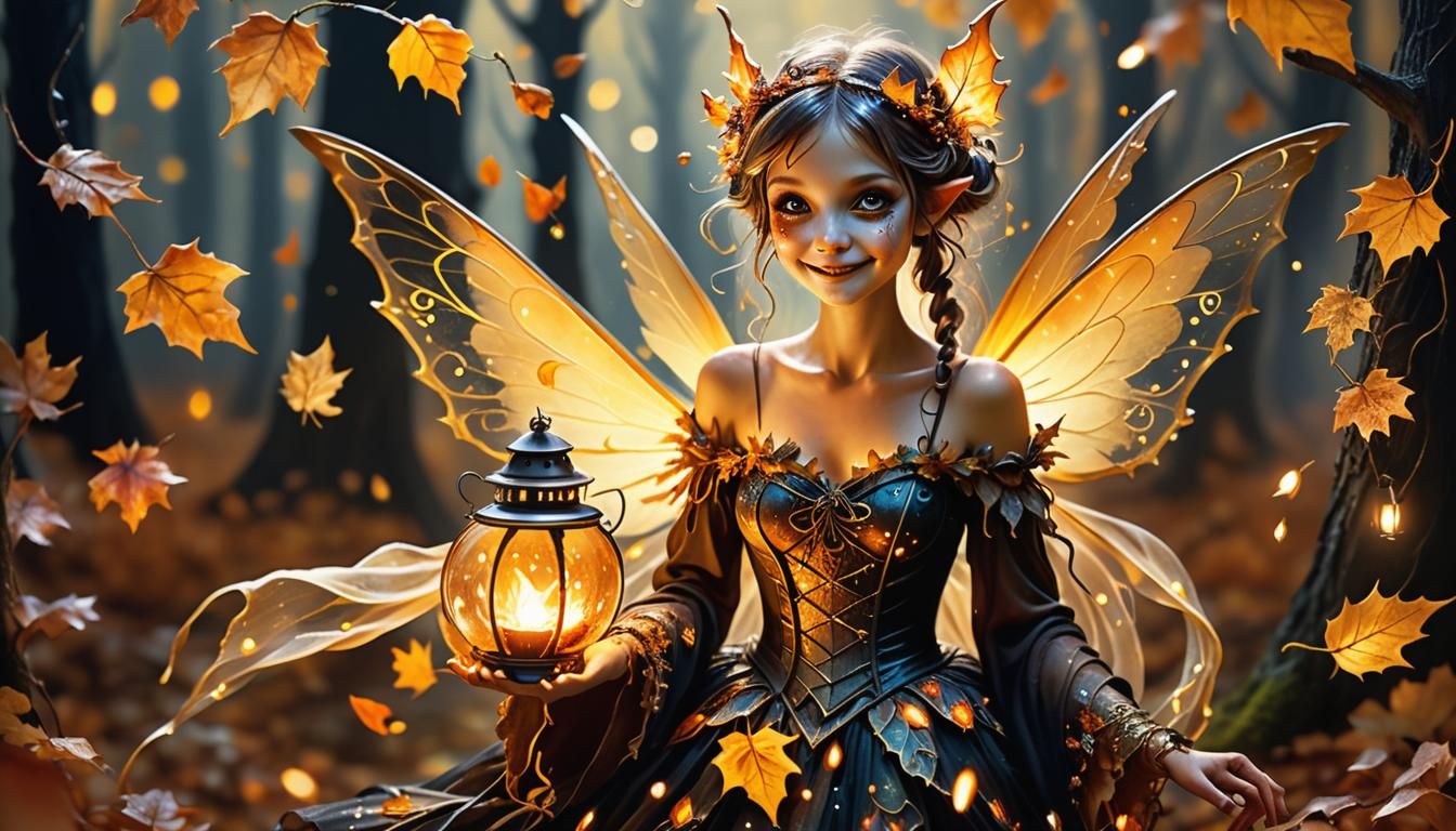 Eerie Halloween Fairy in Autumn Forest, Digital Art