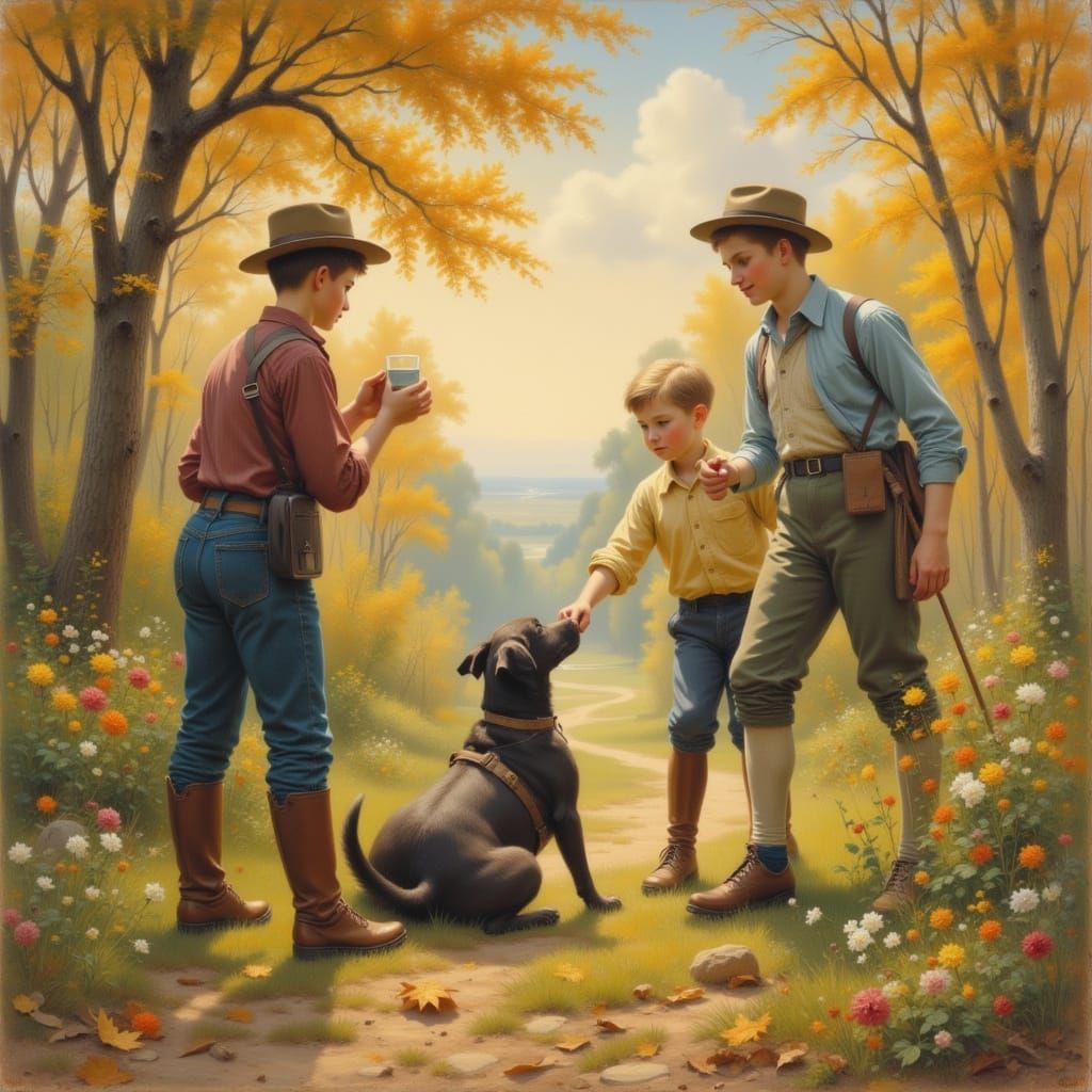 Boys and Dog Play in Autumn Landscape
