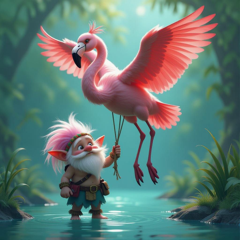 Troll Rides a Flamingo Balloon, Fantasy Concept Art