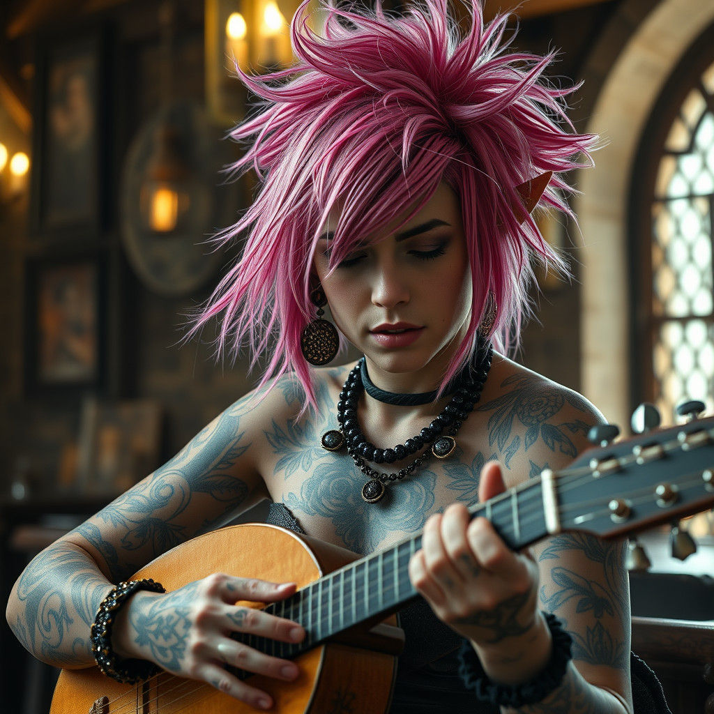 Punk Elf Maiden Plays Lute in Tavern