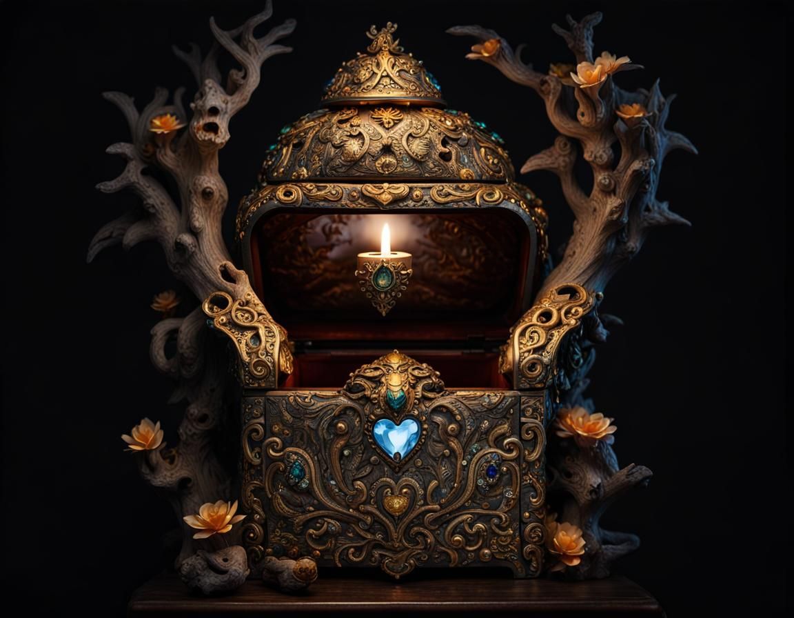 A breathtaking sight of an ornate jeweled treasure chest, glistening with precious stones and gold, nestled deep within ...