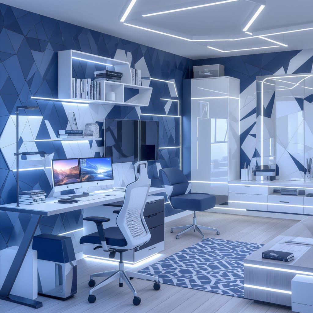 Modern Home Office with Blue Walls and LED Lighting