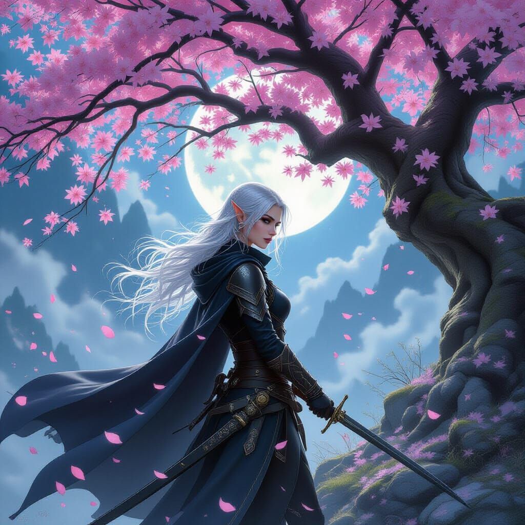 Half-Elf Assassin Under Sakura Tree in Romantic Style