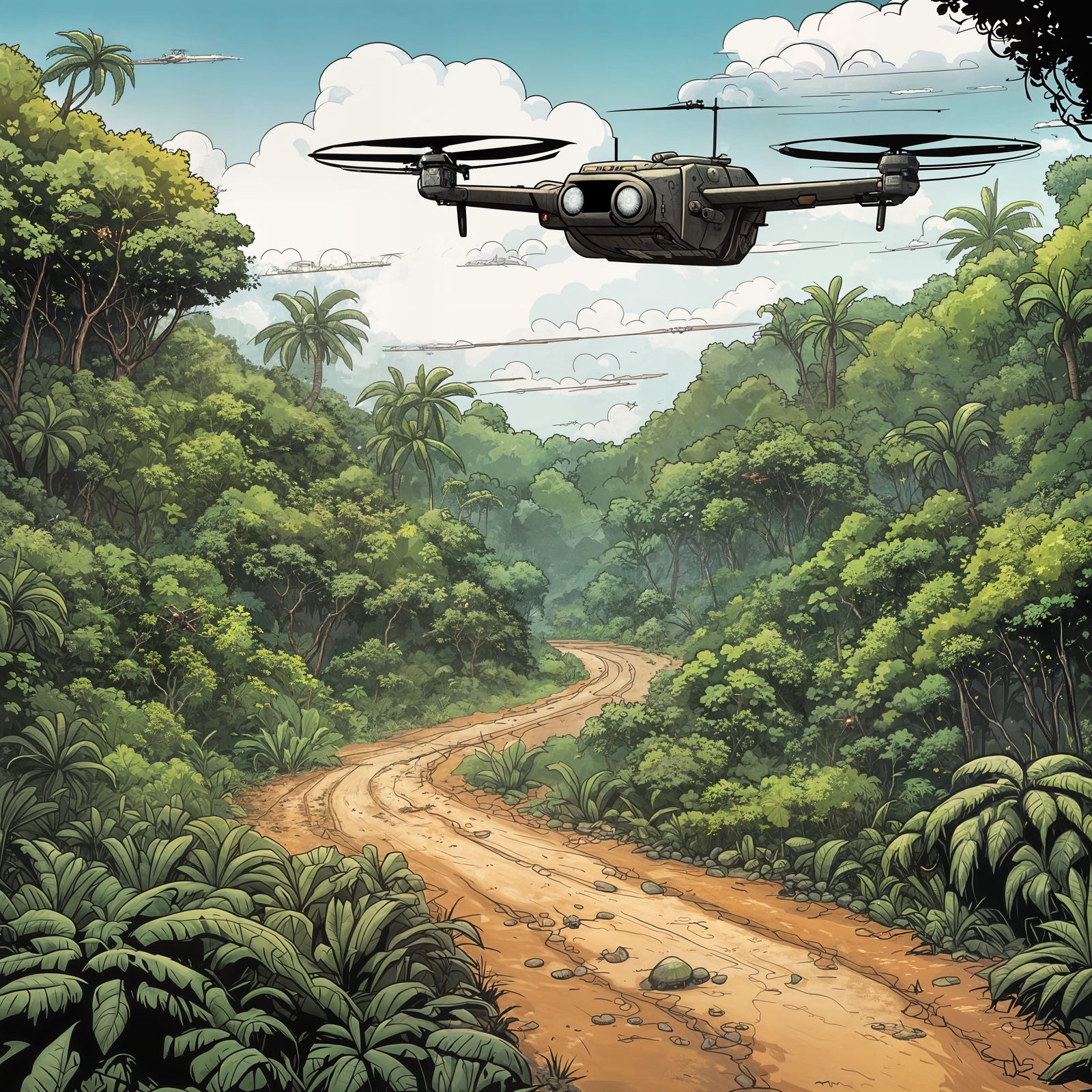Menacing Jungle Recon Drone in Comic Book Style