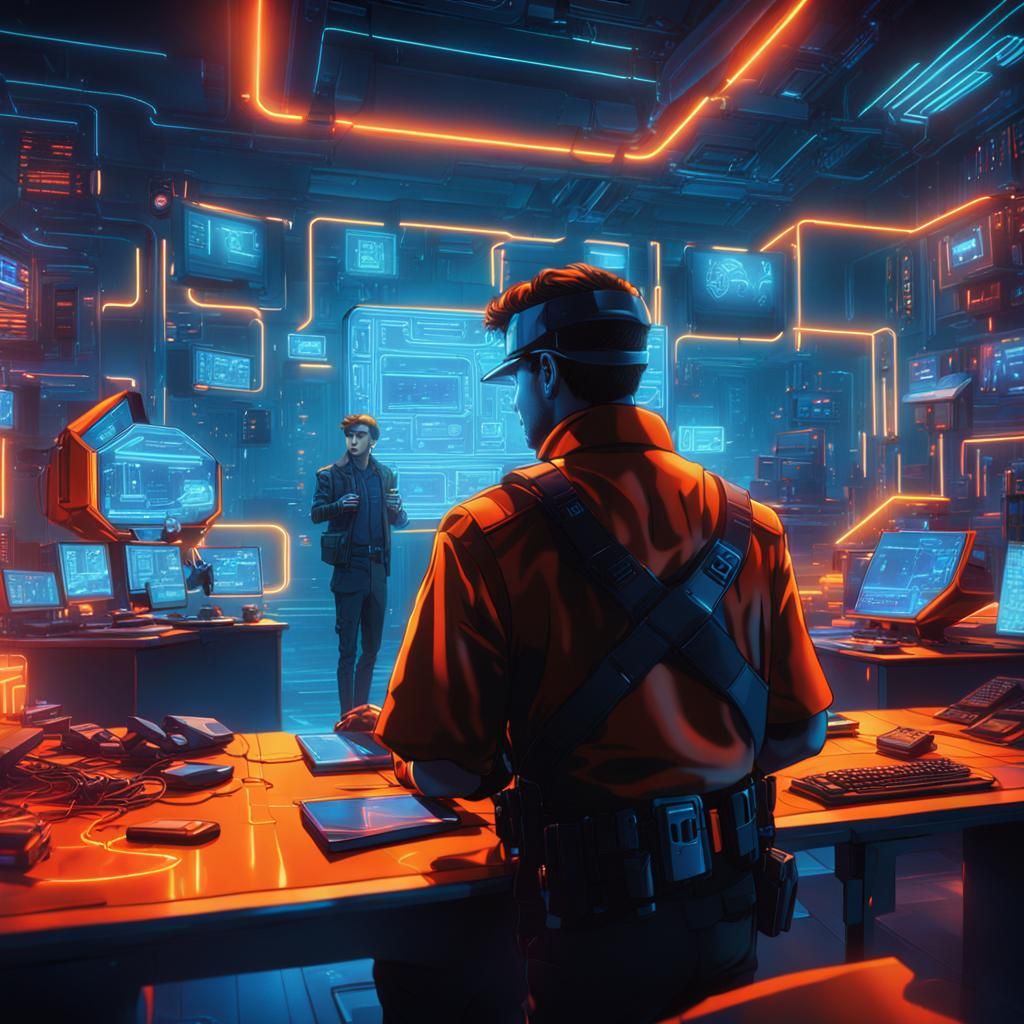 Cyberpunk Detective Interrogation in Neon City, Digital Art