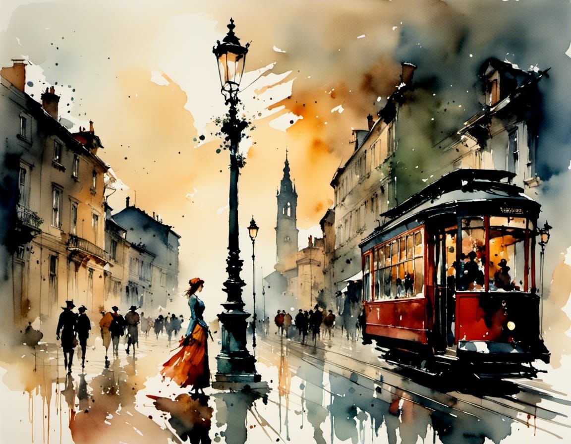 Woman Under Streetlight in Lush Watercolor Style