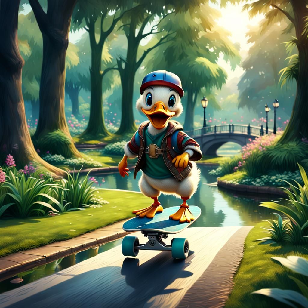 Cute Duck riding a skateboard along the park pond  smiling w...