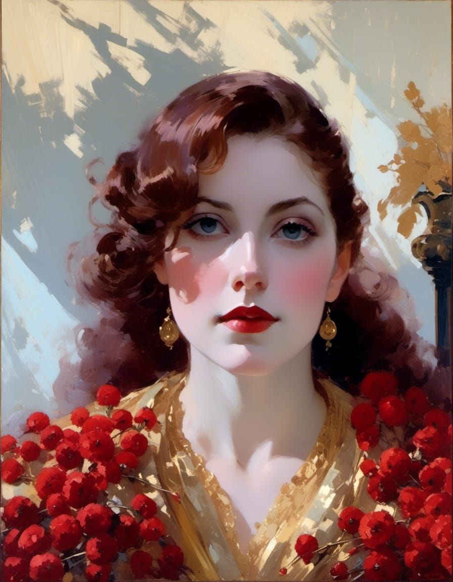 Victorian Woman in Blue with Golden Crimson Hues