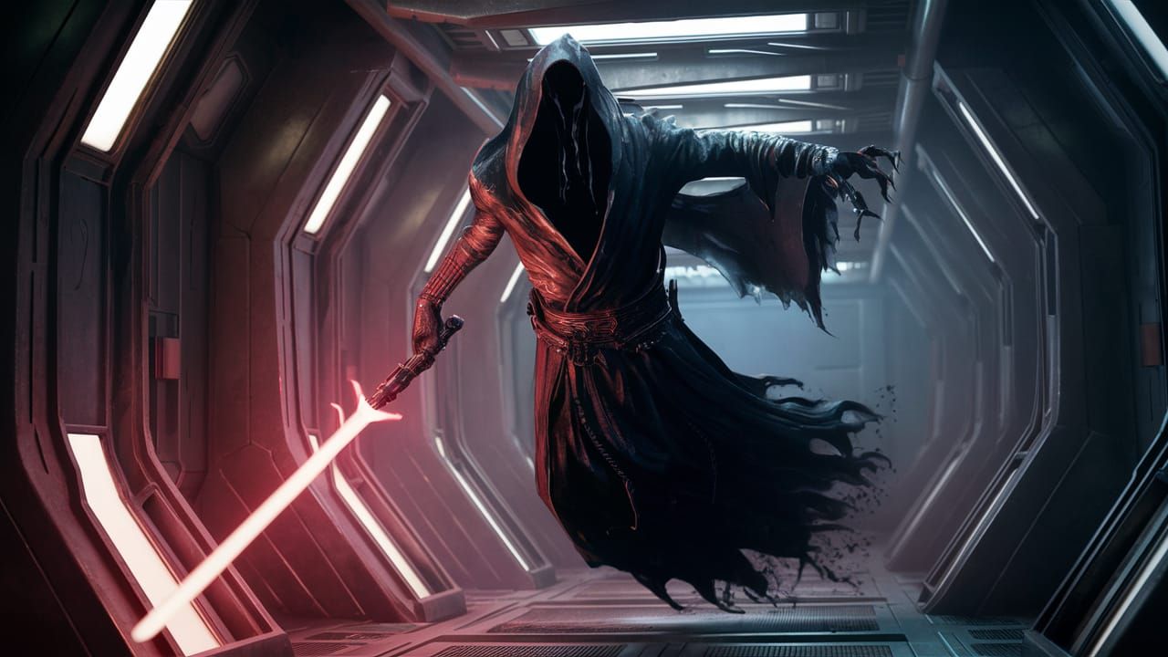Ghostly Figure in Starship Corridor with Lightsaber