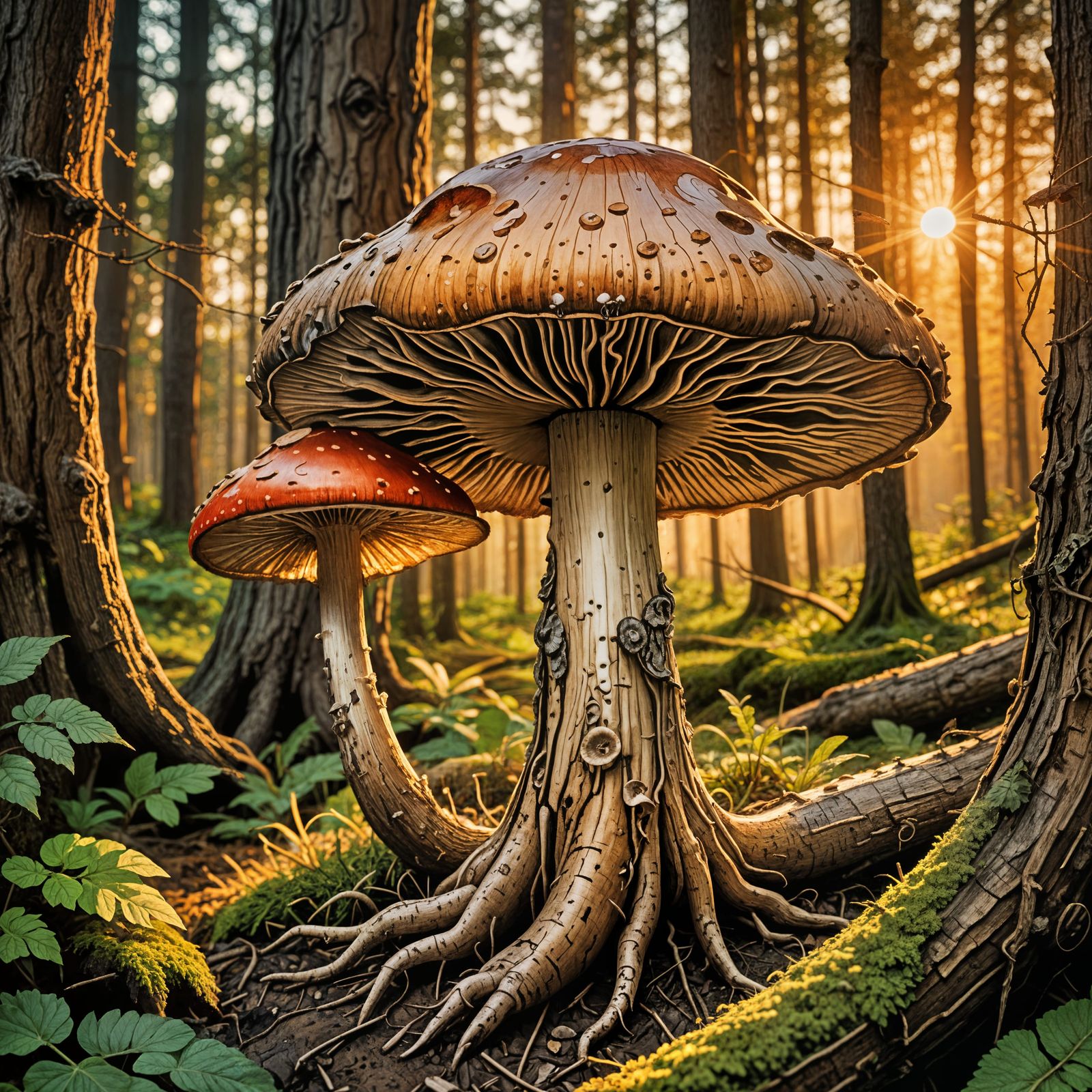 Mushroom in Forest at Sunset: Dürer-esque Watercolor
