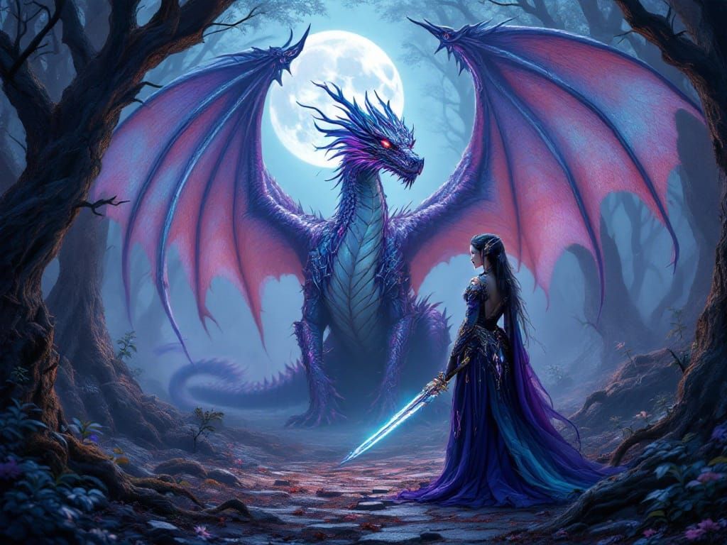 Dragon in Moonlit Forest Clearing, with Gothic Warrior Compa...