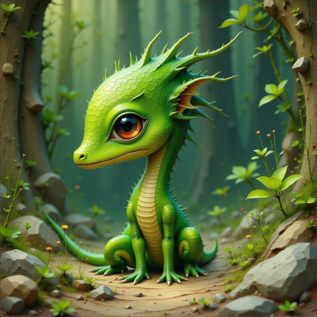Green Scaled Babaco-Dragon Hybrid in Dreamlike Style