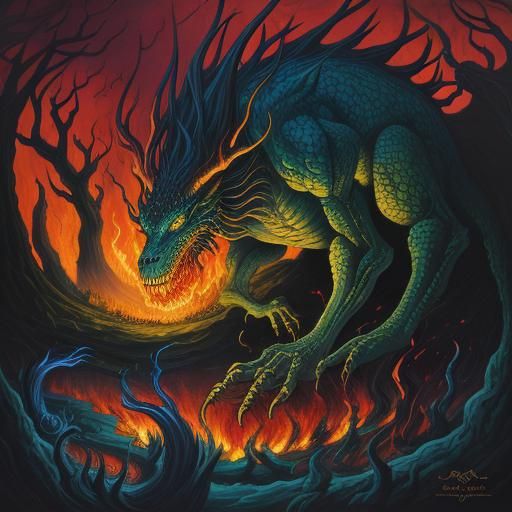Fearsome Jabberwock Emerges in Dreamlike Fantasy Landscape