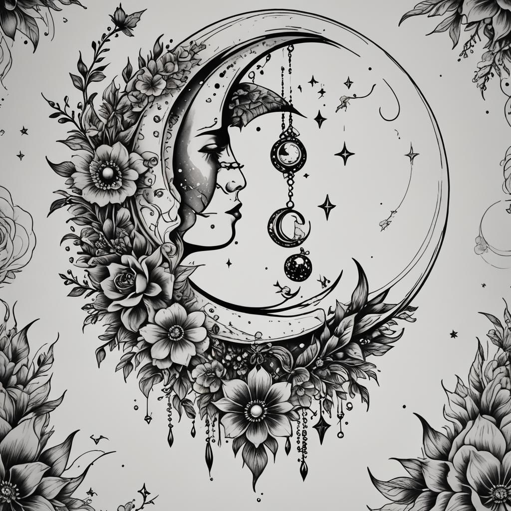 Cosmic Floral Moon Tattoo Design in Black Line Art