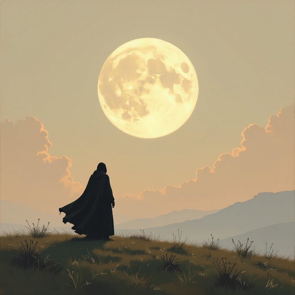 Moonlit Figure on Hill in Landscape Painting Style