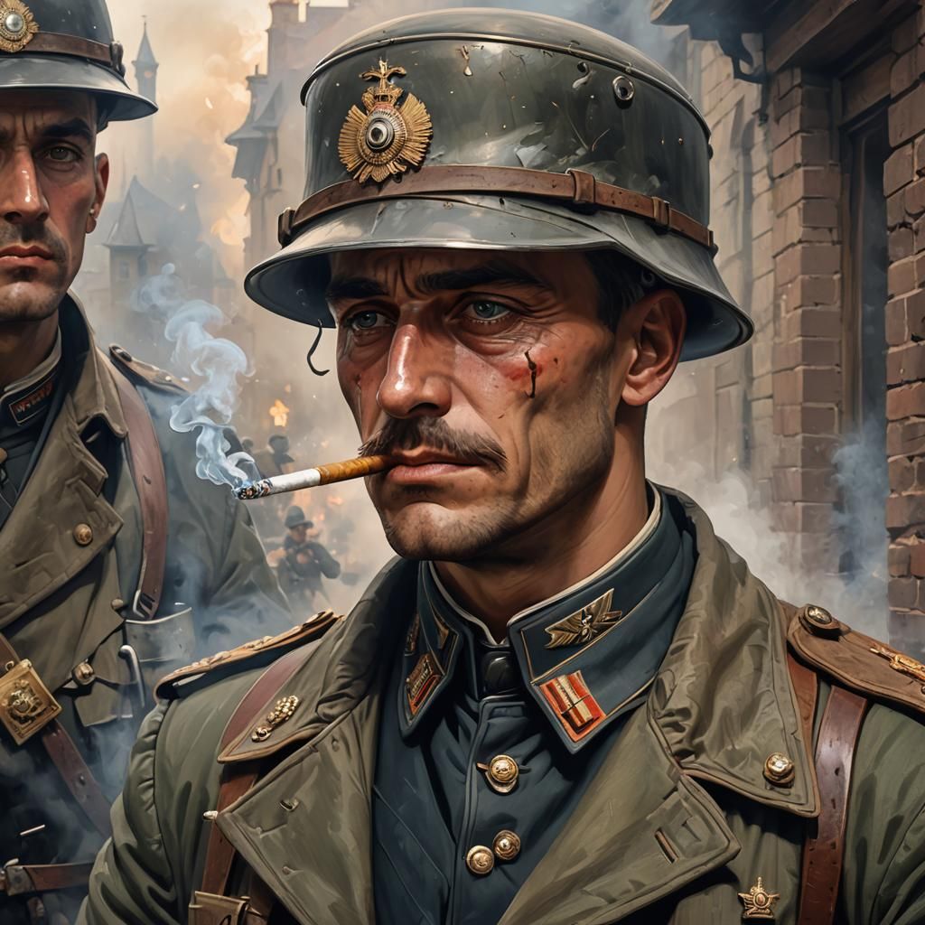 WWI German Soldier Smoking: Hyperdetailed Portrait