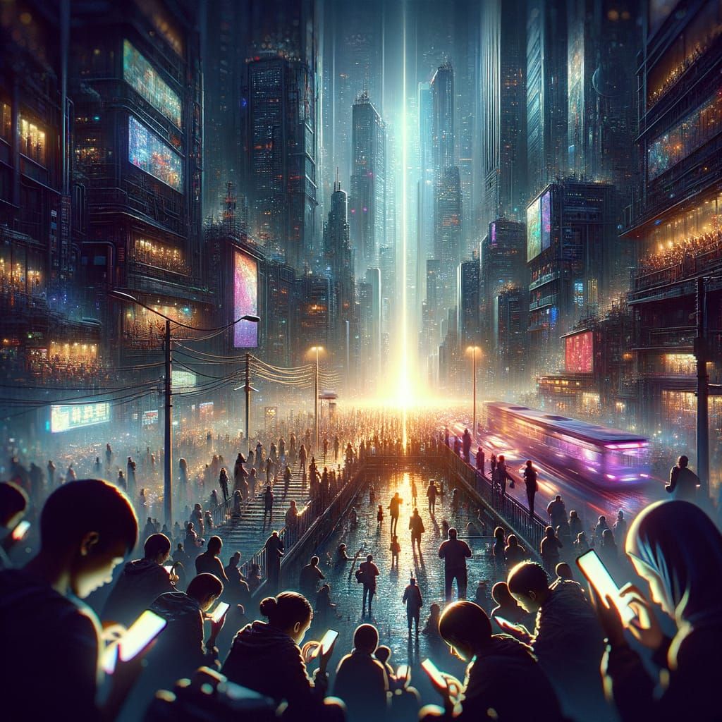 Smartphone Zombies: Chaotic Cityscape in Dark Tones