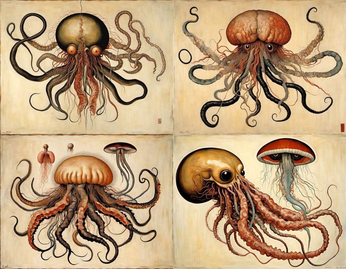 Surreal Ukiyo-e Jellyfish Squid Anatomy in Oil Paint