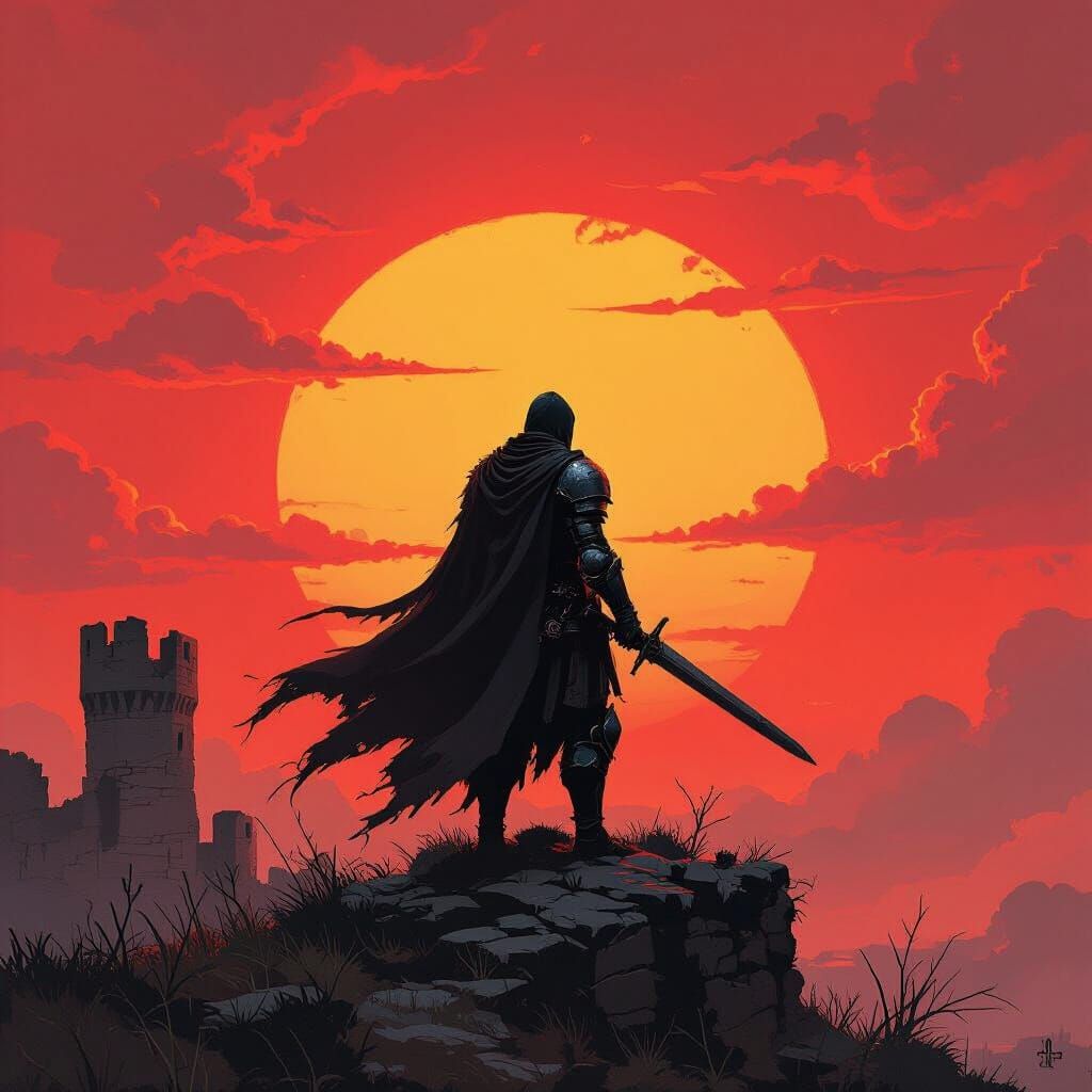Knight Silhouetted at Sunset on Castle Ruins